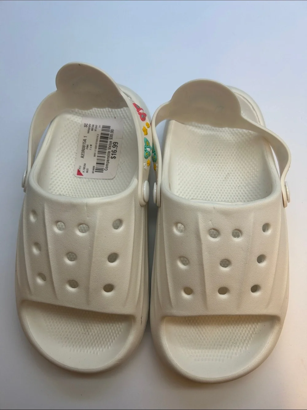 New kids croc-style sandals with rainbow and butterfly on strap